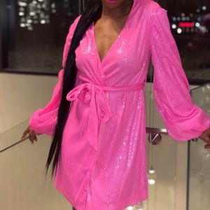Missguided pink sequin wrap balloon sleeve mini dress in a size 4